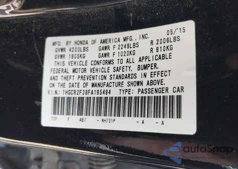 2015 Honda Accord Lx из США, поврежденный, VIN 1HGCR2F38FA195494